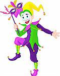 Clip art illustration of a cartoon Mardi Gras jester holding a mask