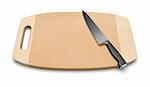 A clean wooden cutting board with a professional kitchen knife on a white background.