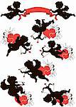 A set of cute cupid silhouettes decorated with hearts and floral ornament