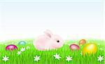 Bunny on the grass with Easter Eggs. Illustration on white background for design