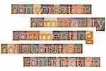 conversation, community, commenting, collaboration, contribution - social media 5C concept - a collage of isolated words in vintage wood lettepress printing blocks