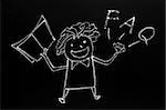 Teacher figure drawn with chalk on blackboard, with FAQs.