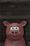 happy pig head in front of old wooden wall - 3d cartoon illustration