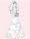 Sketch of pretty bride in a wedding gown and holding a bouquet Vector illustration