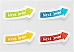 Vector next level message on arrow stickers set. Vector illustration.