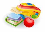 Vector illustration of school bag: notebook, book, paper and apple on white background.