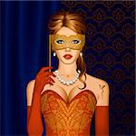 Beautiful girl in a Venetian dress with a mask in her hand. Vector illustration.