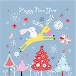 Bright Christmas card with a deer and a hare on a blue background with snowflakes and Christmas trees