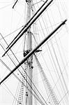 Detail view of a sailboat mast in black and white