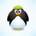 Cute cartoon penguin with green bobble hat and snow background