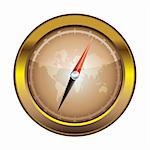Gold retro compass with world and light reflection illustration