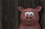 happy pig  in front of old wooden wall - 3d cartoon illustration
