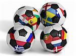 High Quality, hi-res 3D render of four soccer balls with the sixteen flags of the competing teams of the 2012 European Soccer Championship. Each ball represents one group. Clipping path included.