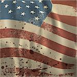 Waving vintage American flag textured background. With dry blood spots. Vector, EPS10