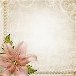 Romantic background witn grunge paper, pearls and pink lily flower