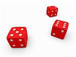 A toss of three red dice on a white background