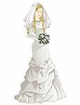 Vector illustration of pretty bride in a wedding gown and holding a bouquet