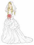 Vector illustration of beautiful bride in a wedding gown and holding a bouquet