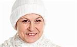 Smiling mature woman in winter cap isolated over white background