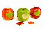 two red apples with green heart and one green apple with two red hearts