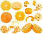 Set of orange and tangerine fresh fruits for your design. Isolated on white background. Close-up. Studio photography.