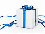 white christmas gift box with blue ribbon