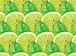 Abstract background with citrus-fruit of lime slices and green leaf with dew for your design. Close-up. Studio photography.