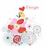 Bright floral postcard with love bird on a white background