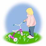 A little blond girl who is     looking at a purple tricycle.