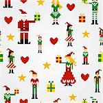 Santa and elves pixel characters christmas design. Seamless pattern background vector illustration.