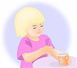 A little blond girl eating a     yogurt.