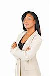 Serious  black businesswoman with arms crossed isolated on white background