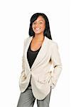Happy young black businesswoman standing isolated on white background