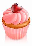 Pink fairy cake cupcake illustration with heart shaped decoration and pink icing