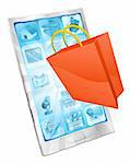 Shopping bag icon coming out of phone screen online shopping concept
