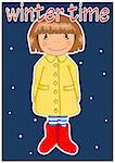 Happy girl in yellow coat - winter time. Vector.