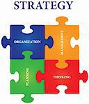 Vector of four jigsaw puzzle pieces with words on the topic of strategy.