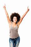 Happy Afro-American young woman isolated on white with arms on the air