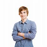 Happy young man with arms folded, isolated over a white background