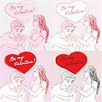 Valentine's Day pop art card set with romantic lovers in casual clothes and heart shaped bubble