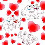 Valentine's Day hearts pattern with romantic dogs and cats and pigeons in love over white
