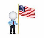 3d small person with american flag in a hand.Isolated on white background.