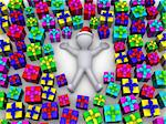 3d person lying on the ground with many presents around him