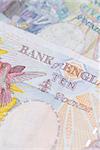 Macro image of English bank notes. Focus on £10 note.