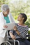 Disabled Woman in a wheelchair sharing a Digital Tablet with her mother