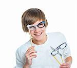 Close up portrait of young smiling cute teenager in white with glasses, isolated on white