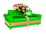 Green leather sofa wrapped with golden ribbon. Big SALE concept. Isolated on white background. 3d rendered.