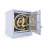 Iron safe with golden e-mail sign inside. Information protection concept. Isolated on white background. 3d rendered.