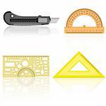 Stationery knife, ruler and protractor line of the triangle on a white background.