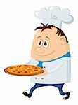 Cook, cartoon chef with pizza isolated over a white background. Vector